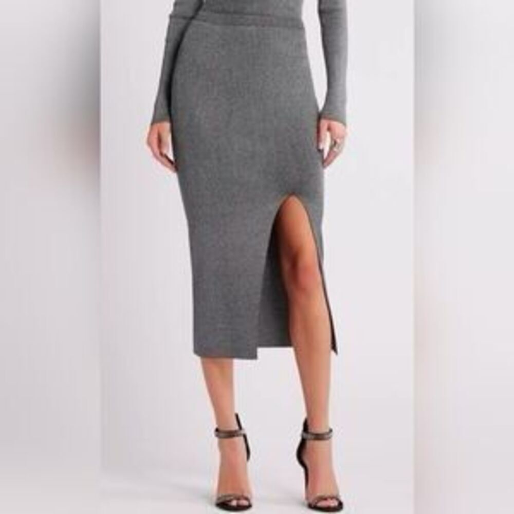 NWT Open Edit Metallic Knit Midi Skirt Gray Silver Side Slit Stretch Size Medium